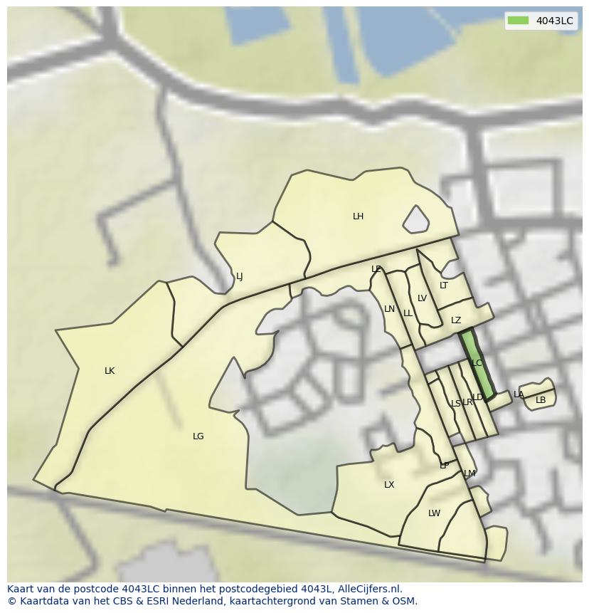 Afbeelding van het postcodegebied 4043 LC op de kaart.