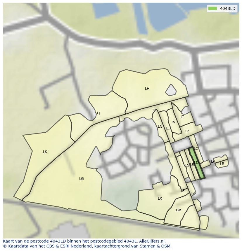 Afbeelding van het postcodegebied 4043 LD op de kaart.