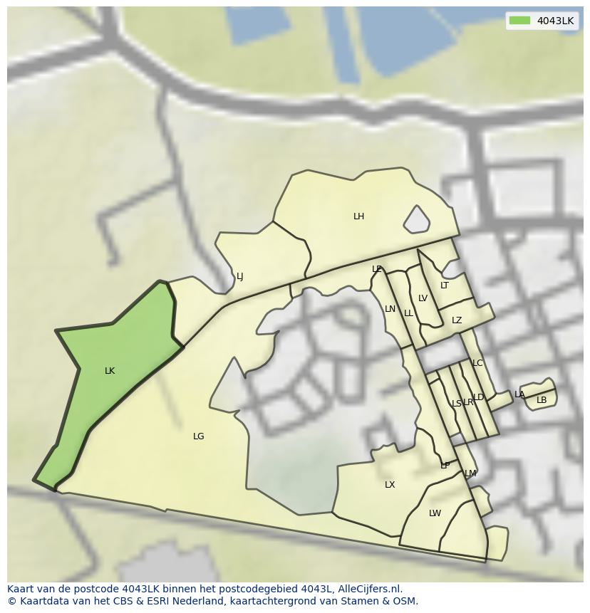 Afbeelding van het postcodegebied 4043 LK op de kaart.