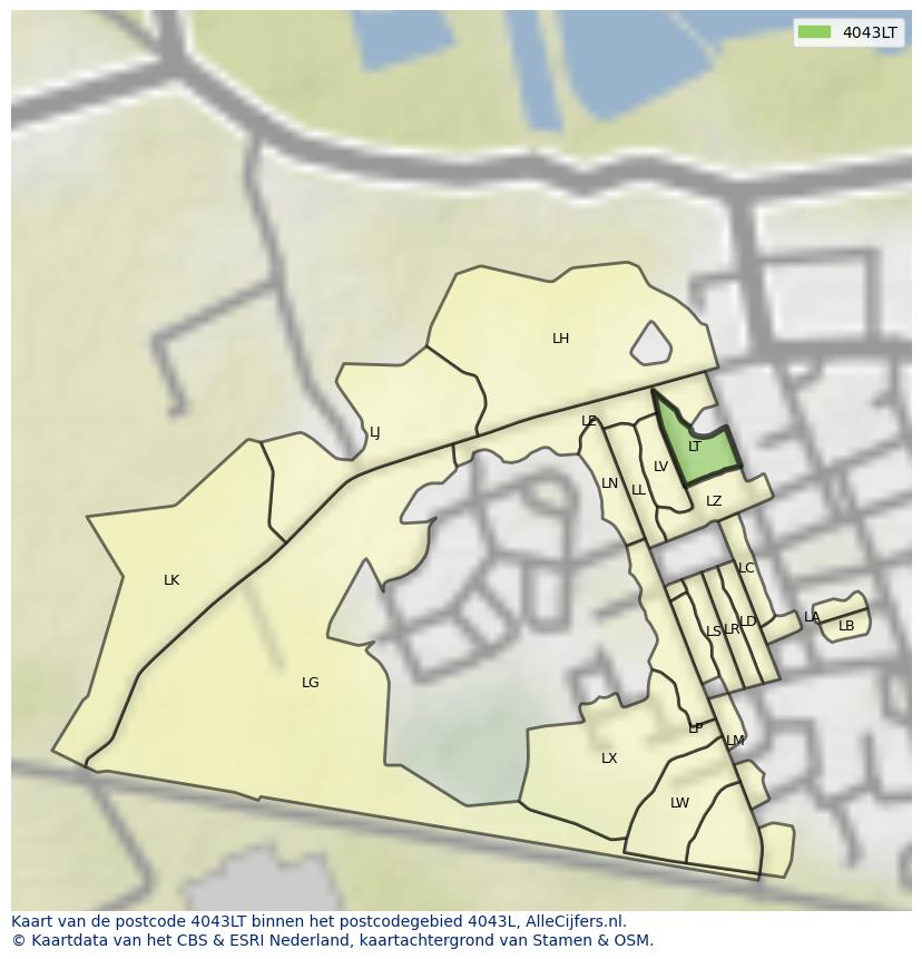 Afbeelding van het postcodegebied 4043 LT op de kaart.