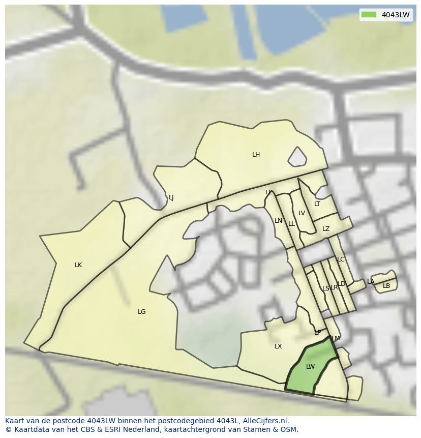Afbeelding van het postcodegebied 4043 LW op de kaart.