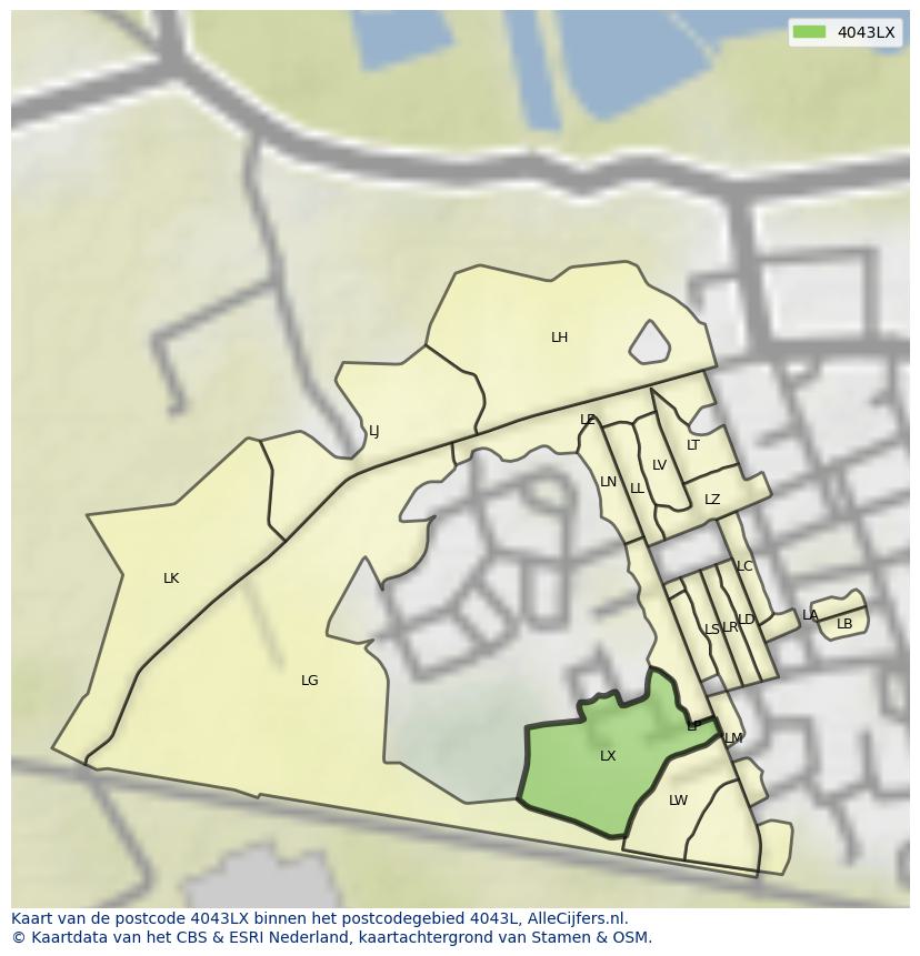 Afbeelding van het postcodegebied 4043 LX op de kaart.