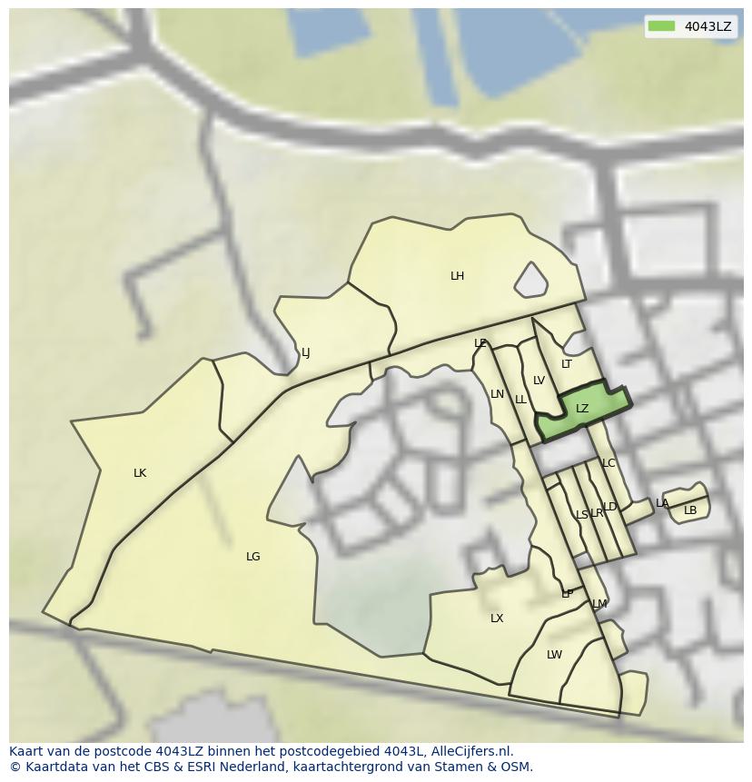 Afbeelding van het postcodegebied 4043 LZ op de kaart.