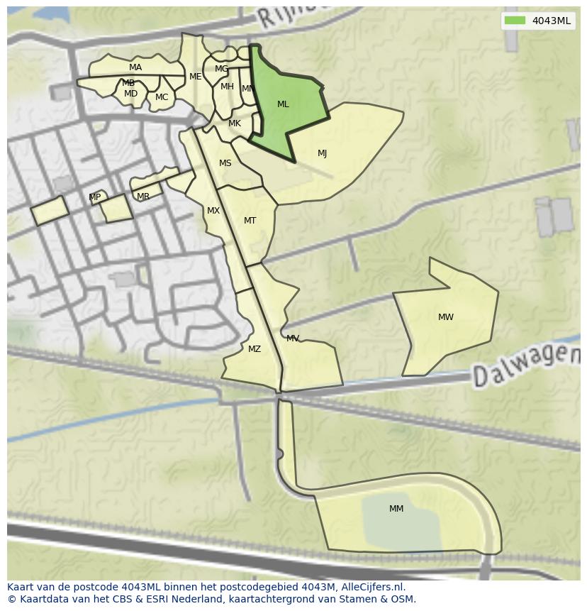 Afbeelding van het postcodegebied 4043 ML op de kaart.