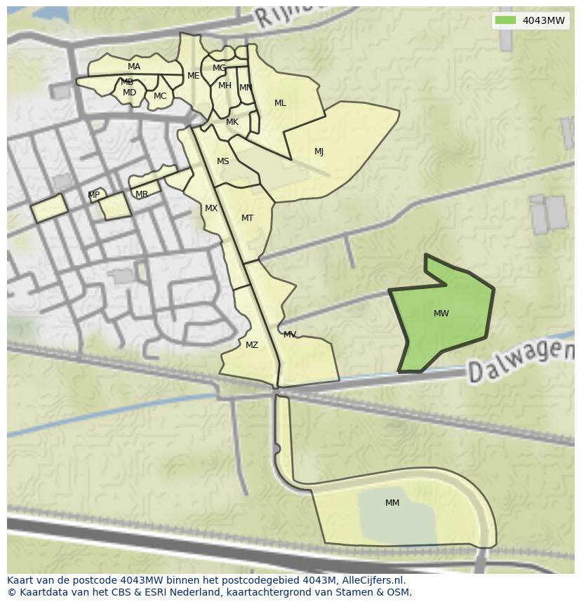 Afbeelding van het postcodegebied 4043 MW op de kaart.