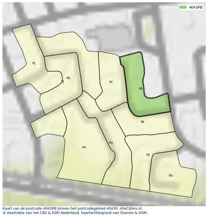 Afbeelding van het postcodegebied 4043 PB op de kaart.