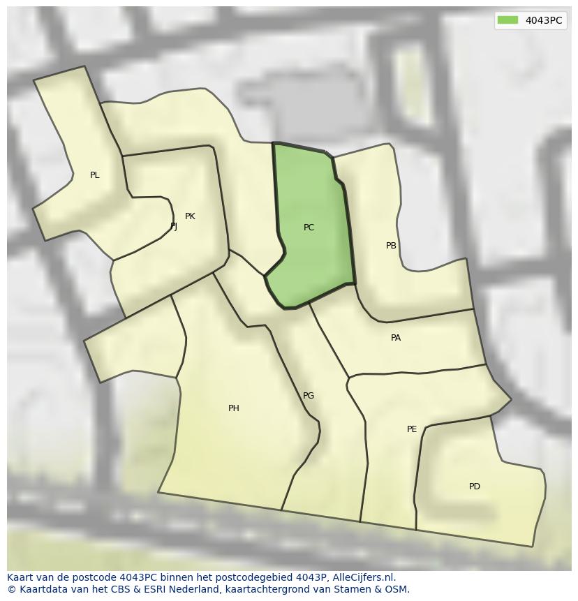 Afbeelding van het postcodegebied 4043 PC op de kaart.