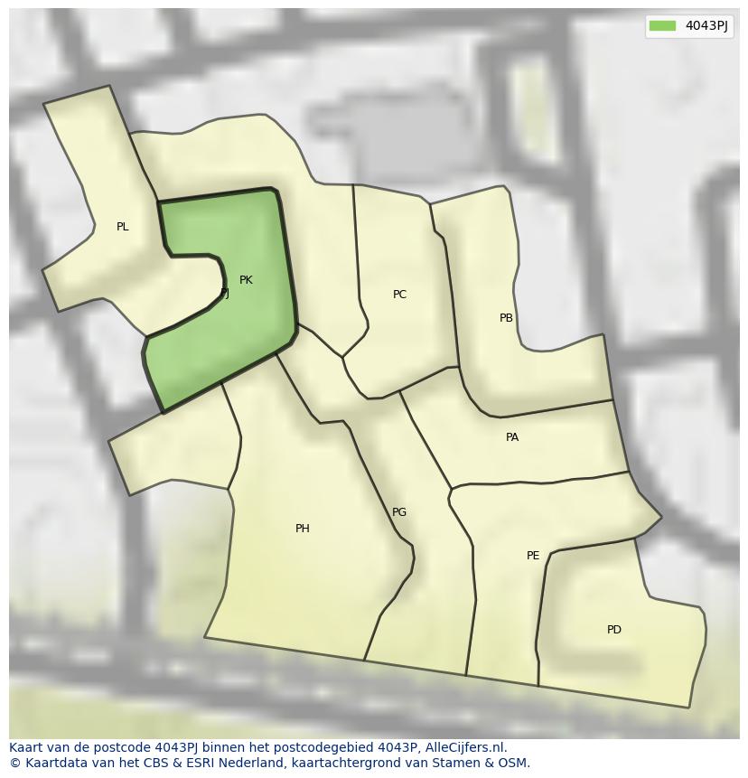 Afbeelding van het postcodegebied 4043 PJ op de kaart.