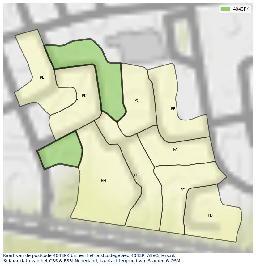 Afbeelding van het postcodegebied 4043 PK op de kaart.