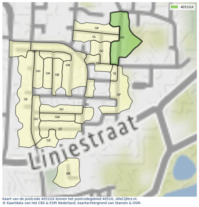 Afbeelding van het postcodegebied 4051 GX op de kaart.