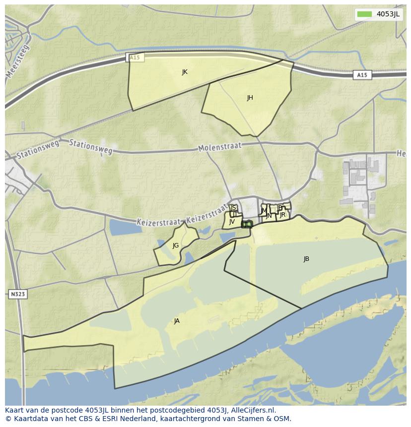 Afbeelding van het postcodegebied 4053 JL op de kaart.
