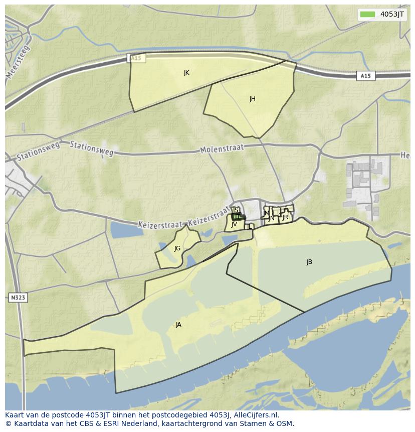 Afbeelding van het postcodegebied 4053 JT op de kaart.