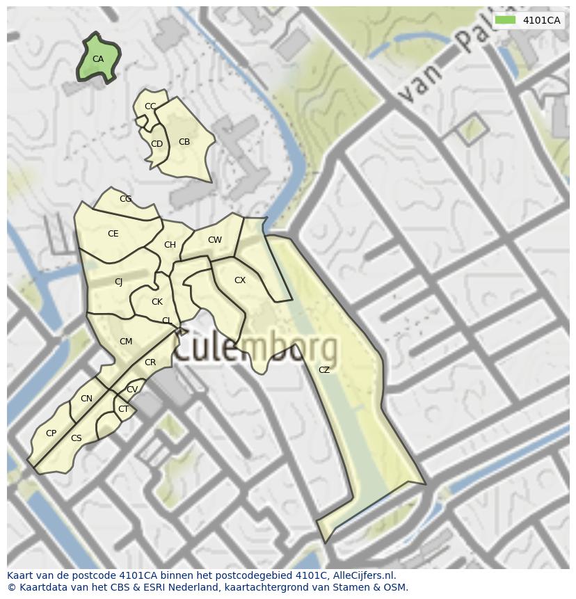 Afbeelding van het postcodegebied 4101 CA op de kaart.
