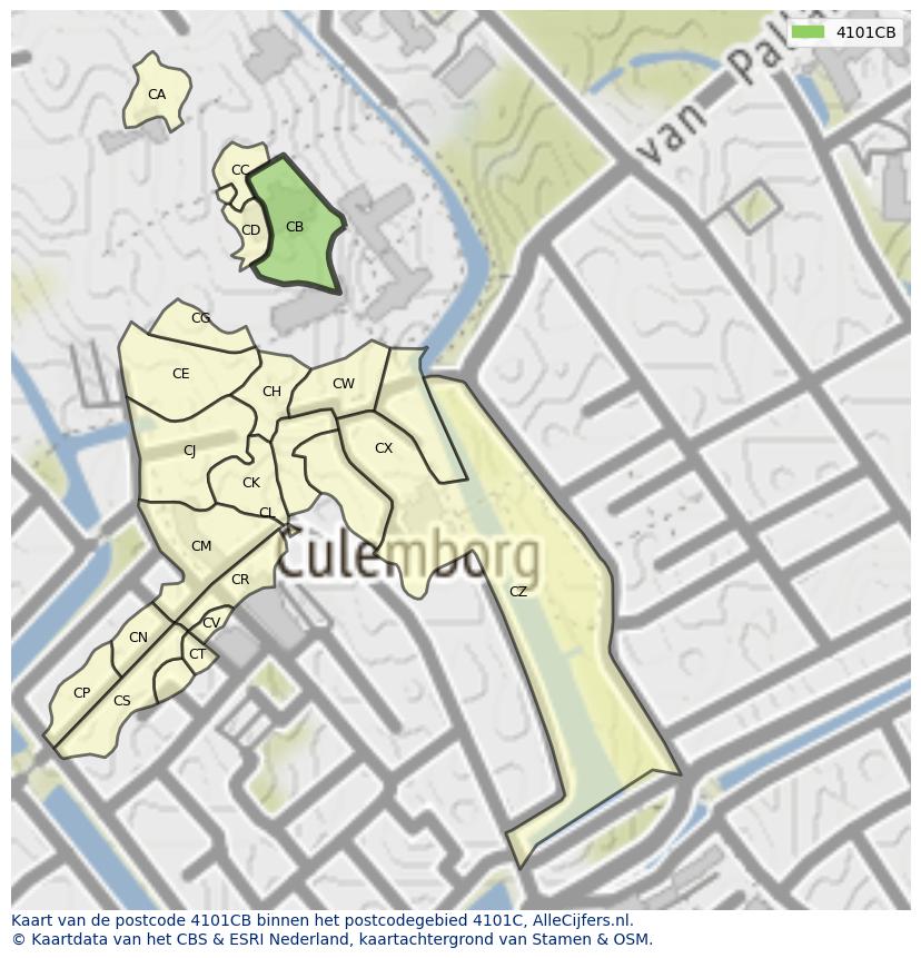 Afbeelding van het postcodegebied 4101 CB op de kaart.