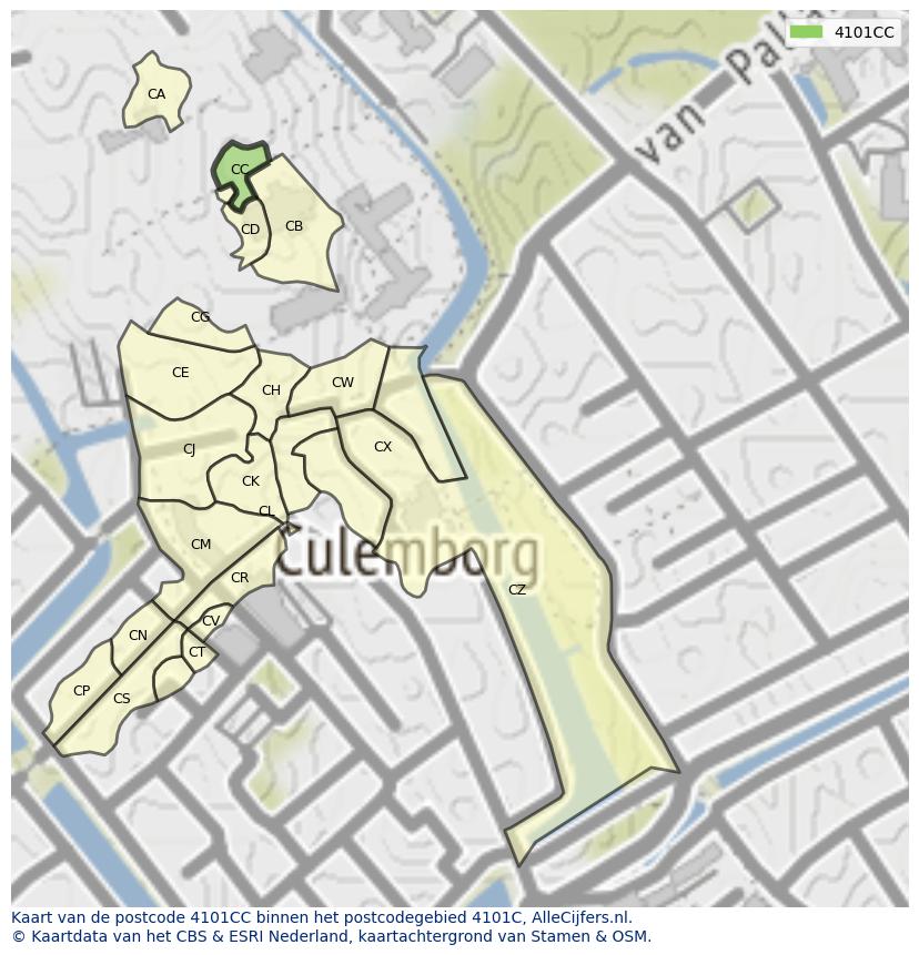 Afbeelding van het postcodegebied 4101 CC op de kaart.