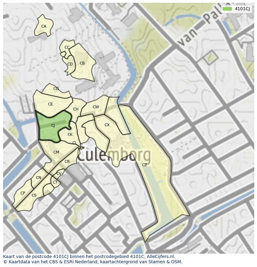 Afbeelding van het postcodegebied 4101 CJ op de kaart.