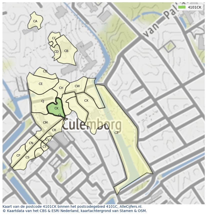 Afbeelding van het postcodegebied 4101 CK op de kaart.