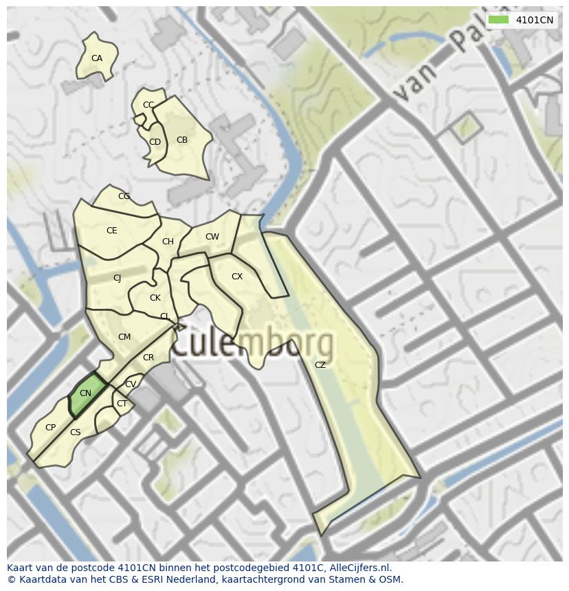 Afbeelding van het postcodegebied 4101 CN op de kaart.