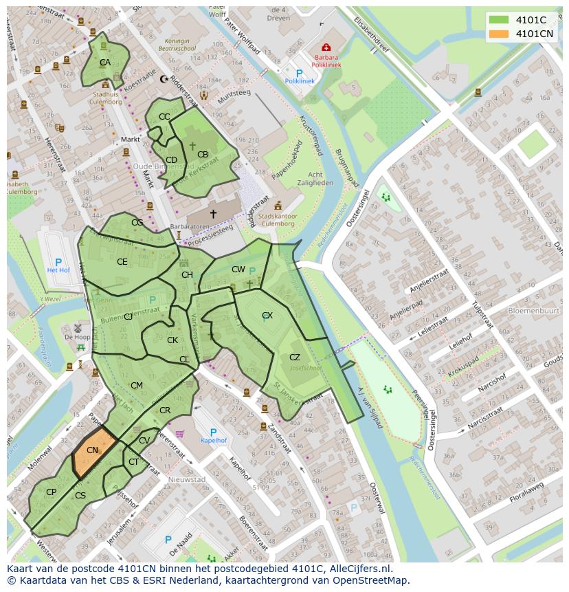 Afbeelding van het postcodegebied 4101 CN op de kaart.