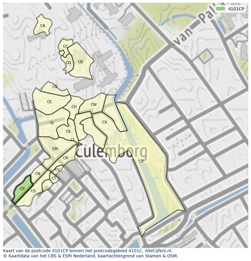 Afbeelding van het postcodegebied 4101 CP op de kaart.