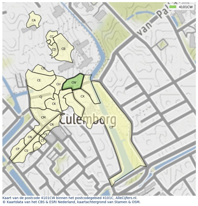 Afbeelding van het postcodegebied 4101 CW op de kaart.