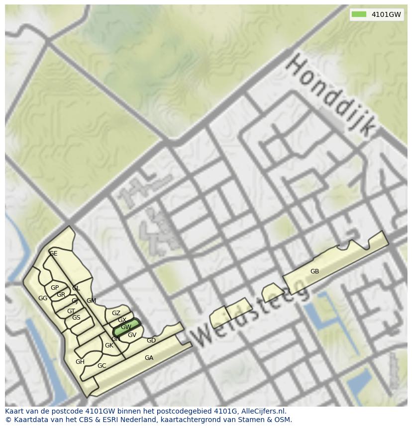 Afbeelding van het postcodegebied 4101 GW op de kaart.