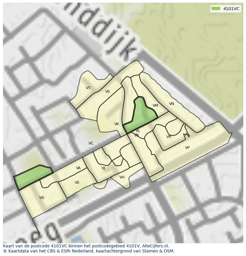 Afbeelding van het postcodegebied 4101 VC op de kaart.