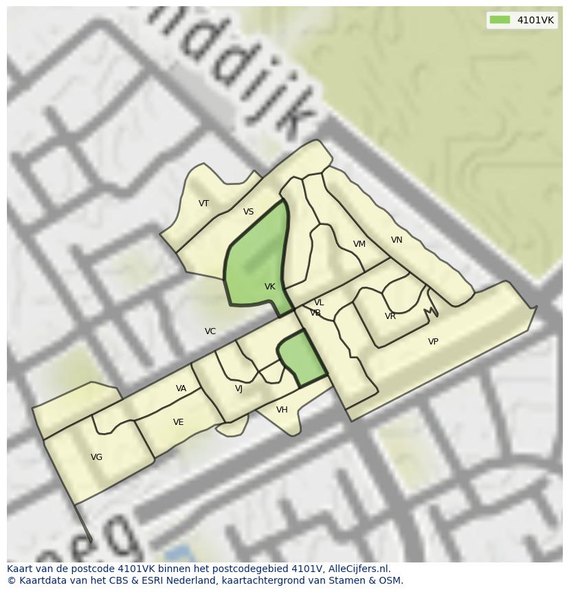Afbeelding van het postcodegebied 4101 VK op de kaart.