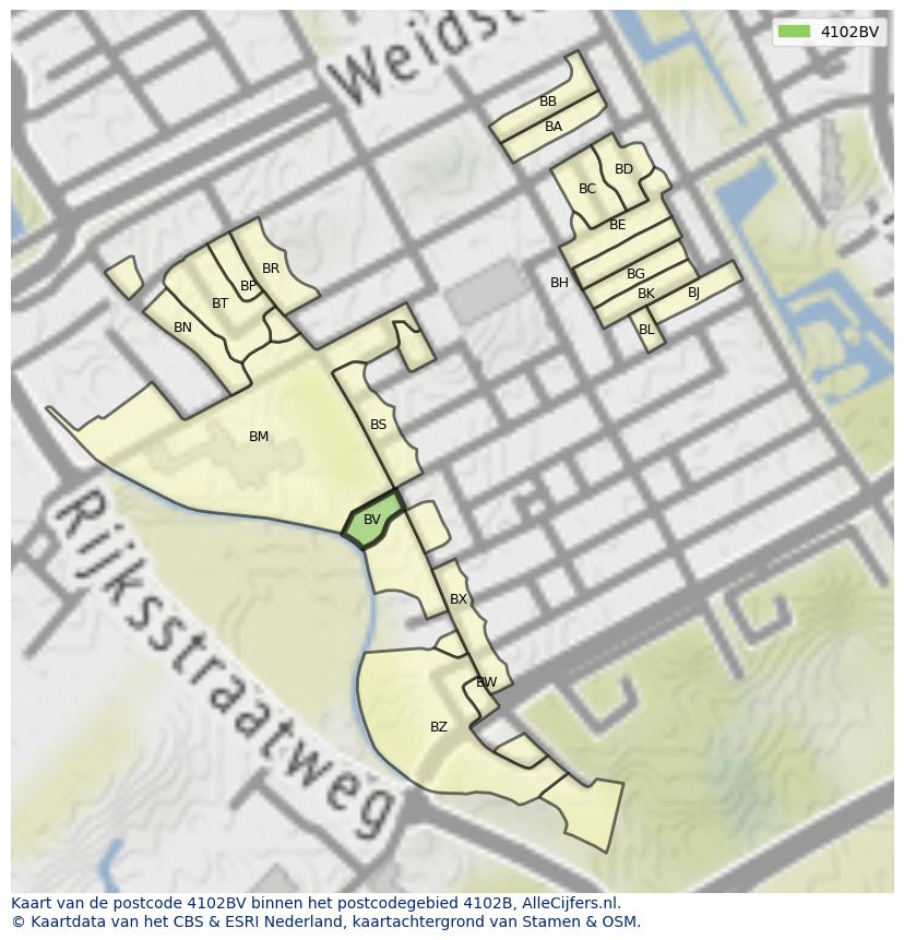 Afbeelding van het postcodegebied 4102 BV op de kaart.