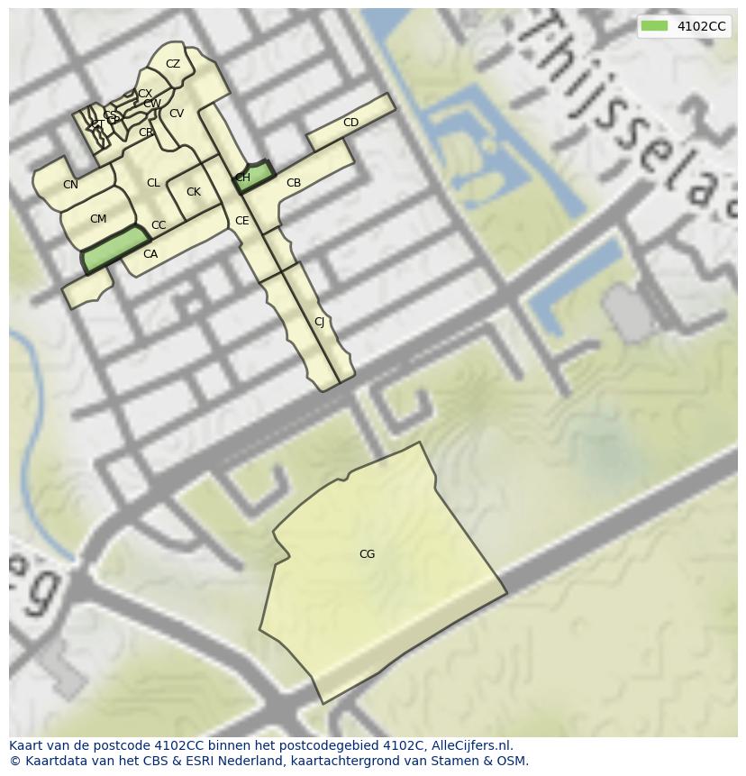 Afbeelding van het postcodegebied 4102 CC op de kaart.