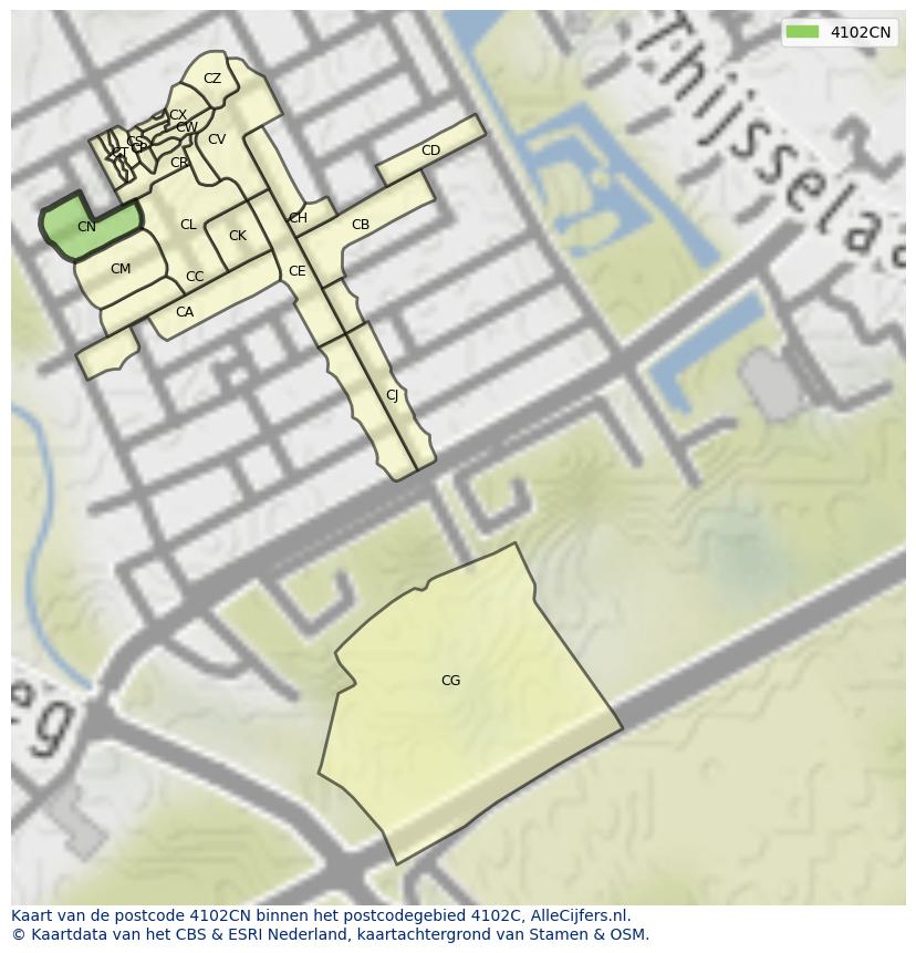 Afbeelding van het postcodegebied 4102 CN op de kaart.