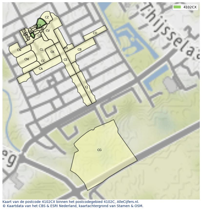 Afbeelding van het postcodegebied 4102 CX op de kaart.