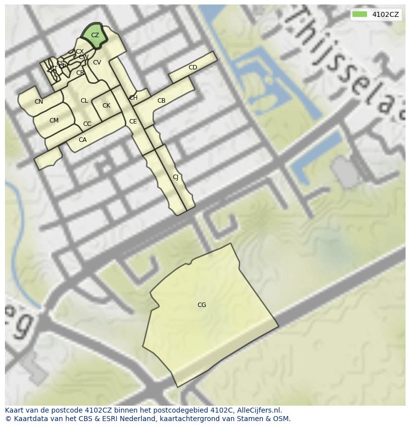 Afbeelding van het postcodegebied 4102 CZ op de kaart.