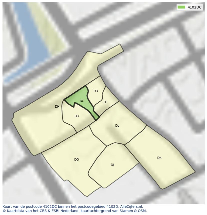 Afbeelding van het postcodegebied 4102 DC op de kaart.