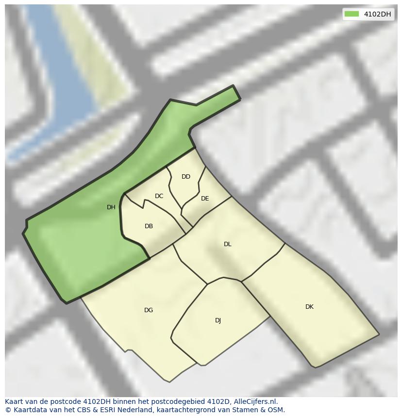 Afbeelding van het postcodegebied 4102 DH op de kaart.