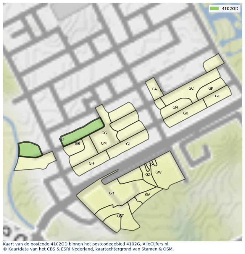 Afbeelding van het postcodegebied 4102 GD op de kaart.