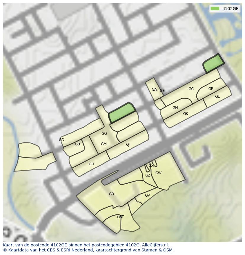 Afbeelding van het postcodegebied 4102 GE op de kaart.