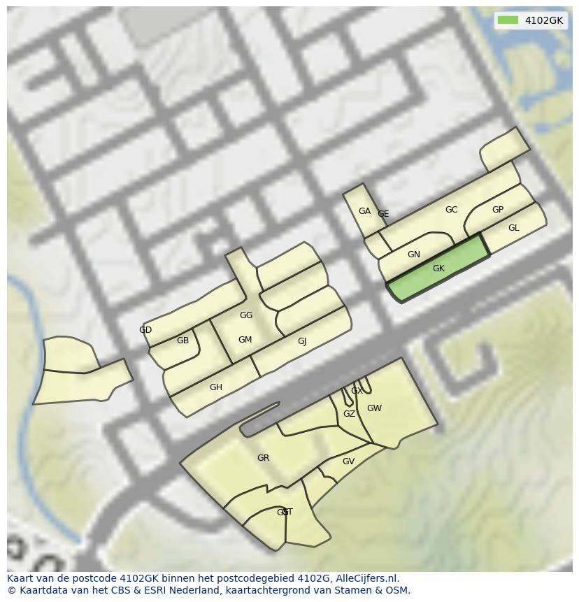 Afbeelding van het postcodegebied 4102 GK op de kaart.