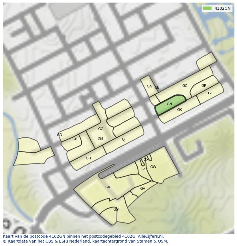 Afbeelding van het postcodegebied 4102 GN op de kaart.
