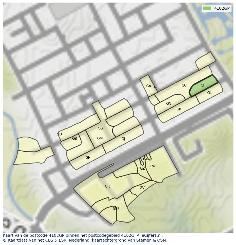 Afbeelding van het postcodegebied 4102 GP op de kaart.