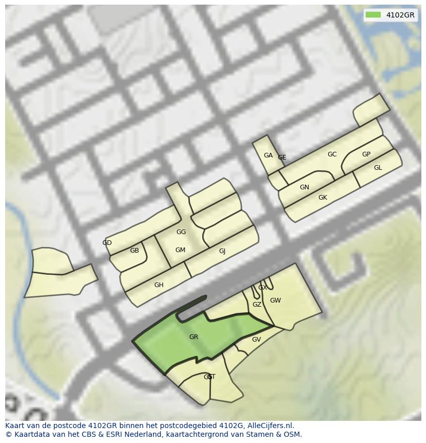 Afbeelding van het postcodegebied 4102 GR op de kaart.
