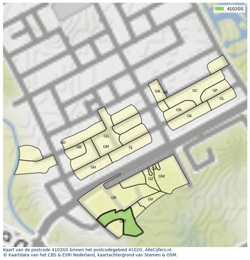 Afbeelding van het postcodegebied 4102 GS op de kaart.