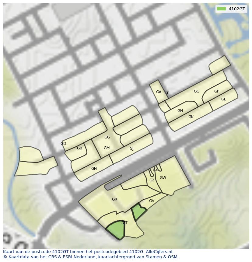 Afbeelding van het postcodegebied 4102 GT op de kaart.