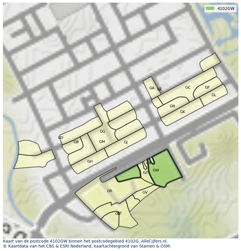 Afbeelding van het postcodegebied 4102 GW op de kaart.