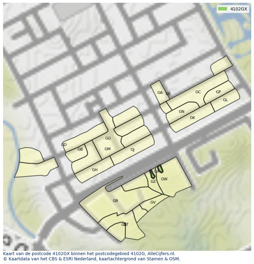 Afbeelding van het postcodegebied 4102 GX op de kaart.
