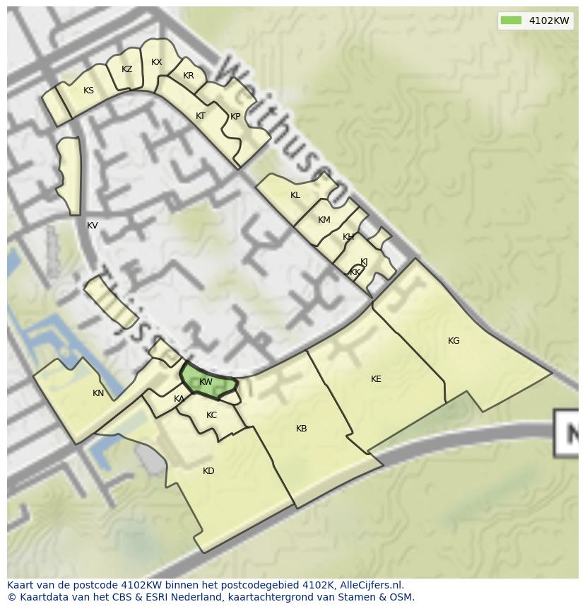 Afbeelding van het postcodegebied 4102 KW op de kaart.