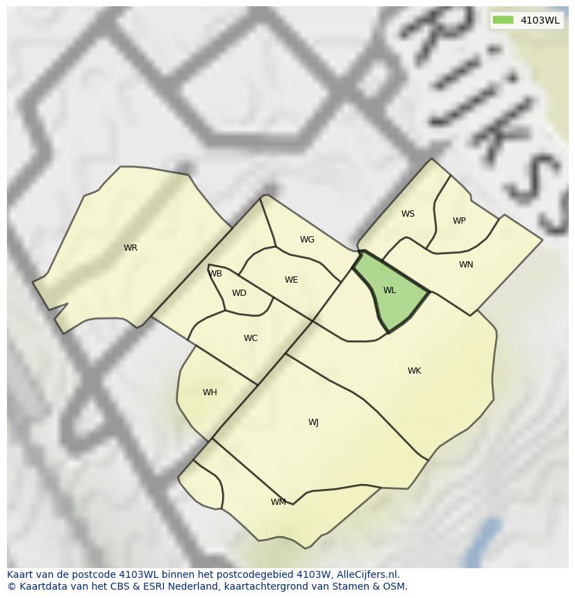 Afbeelding van het postcodegebied 4103 WL op de kaart.