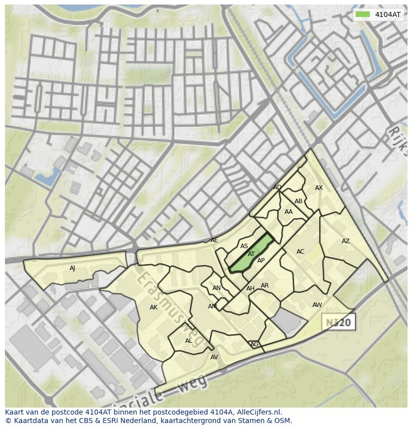 Afbeelding van het postcodegebied 4104 AT op de kaart.