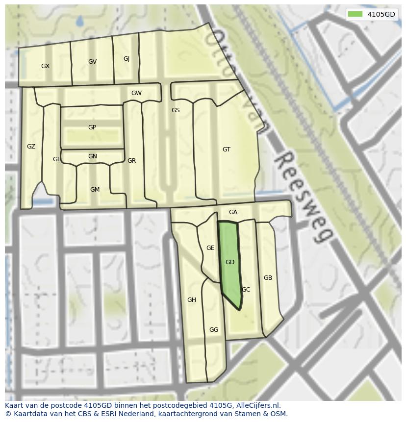 Afbeelding van het postcodegebied 4105 GD op de kaart.