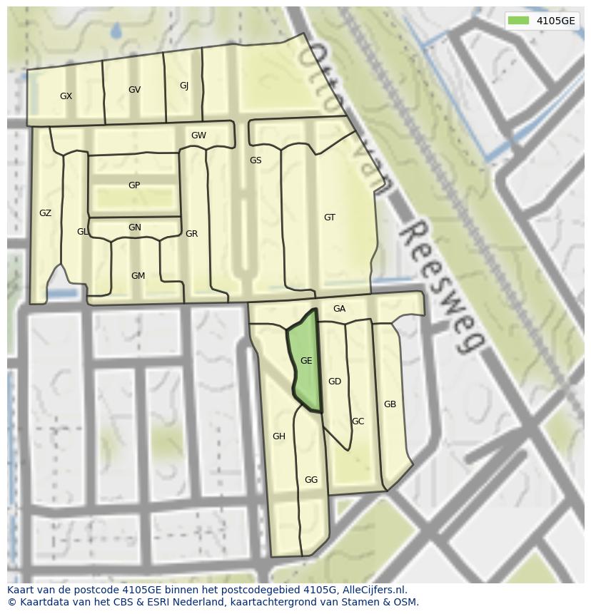 Afbeelding van het postcodegebied 4105 GE op de kaart.